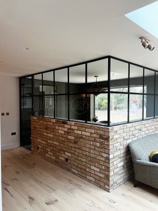 9stories Interior Design (Sevenoaks, Kent): T-Bar Black Framed Glass Corner Room with Half Height Wall