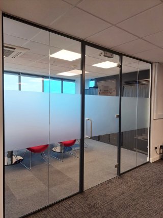 Bick Construction (Oldbury, Birmingham): Laminated Acoustic Glass Office With Anthracite Grey Trackwork
