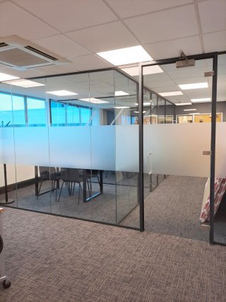 Bick Construction (Oldbury, Birmingham): Laminated Acoustic Glass Office With Anthracite Grey Trackwork