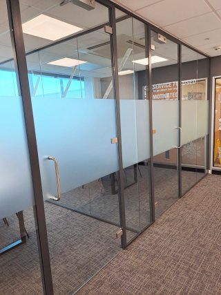 Bick Construction (Oldbury, Birmingham): Laminated Acoustic Glass Office With Anthracite Grey Trackwork