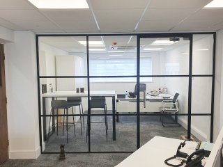 Decora Mouldings (Gloucester, Gloucestershire): Industrial Style Black Framed Glass Screen Supplied and Installed