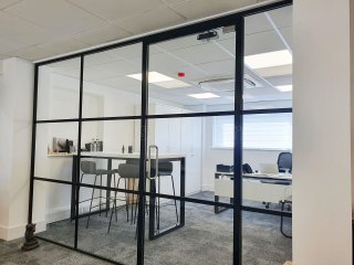 Decora Mouldings (Gloucester, Gloucestershire): Industrial Style Black Framed Glass Screen Supplied and Installed