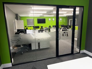 Distributed Micro Technology (Sandhurst, Berkshire): Double Glazed Acoustic Glass Partition With Anthracite Grey Trackwork