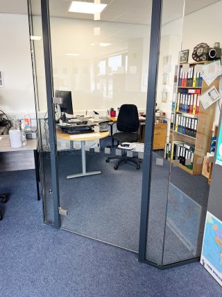 EagleBurgmann Industries (Crewe, Cheshire): Glass Office Pod With Anthracite Grey Trackwork