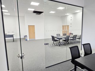 Liniar (Denby, Derbyshire): Glass Office Rooms with Anthracite Grey Trackwork