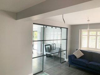 Domestic Project (Ampthill, Bedfordshire): Slimline T-Bar Anthracite Grey Framed Glazing With Frameless Glass Sliding Doors