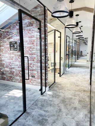 Collaborate Global HQ (Donnington, West Sussex): Single Glazed Acoustic Glass offices Formed Below Apex Ceiling