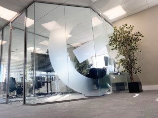 Engage Business Media (Hersham, Surrey): Frameless Glass Offices With Laminated Acoustic Glass And Own Logo Window Film