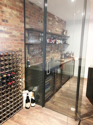 Domestic Project (St Albans, Hertfordshire): Frameless Glass Wine Display Corner Room With Black Frame
