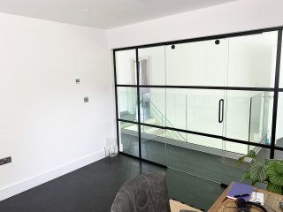 Residential Project (St Albans, Hertfordshire): Industrial (Shoreditch-Style) Home Office Glass Sliding Door With Black Bars