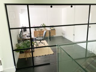 Residential Project (St Albans, Hertfordshire): Industrial (Shoreditch-Style) Home Office Glass Sliding Door With Black Bars