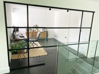 Residential Project (St Albans, Hertfordshire): Industrial (Shoreditch-Style) Home Office Glass Sliding Door With Black Bars
