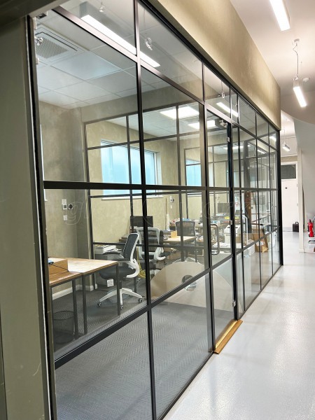 Cox Workshops (Tottenham, London): T-Bar Black Framed Office Partitions With Acoustic Glazing