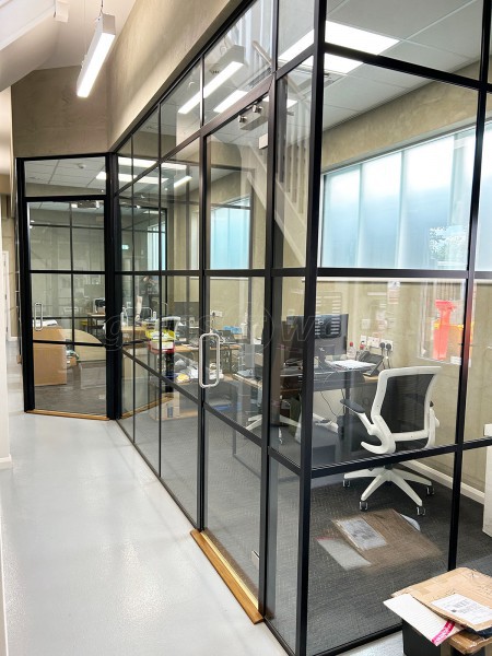 Cox Workshops (Tottenham, London): T-Bar Black Framed Office Partitions With Acoustic Glazing