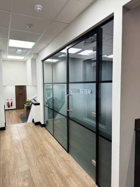 Grant Store (Wigan, Greater Manchester): T-Bar Banded Metal and Glass Office Walls