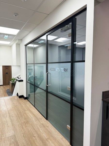 Grant Store (Wigan, Greater Manchester): T-Bar Banded Metal and Glass Office Walls