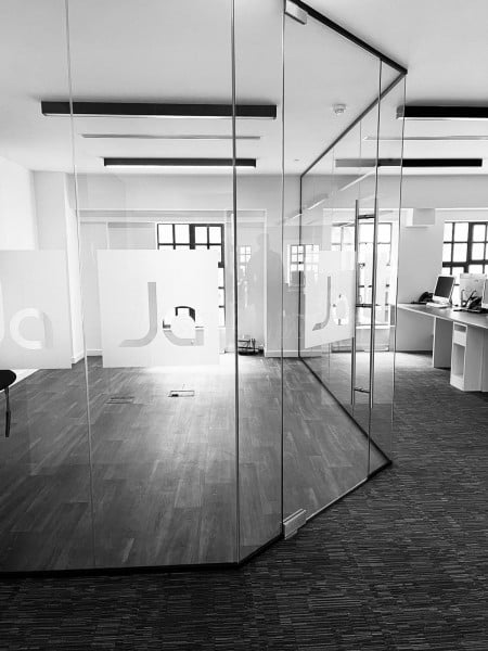 James Andrews Recruitment Solutions (The City, London): Glass Corner Room with Angled Section and Frameless Glazed Door