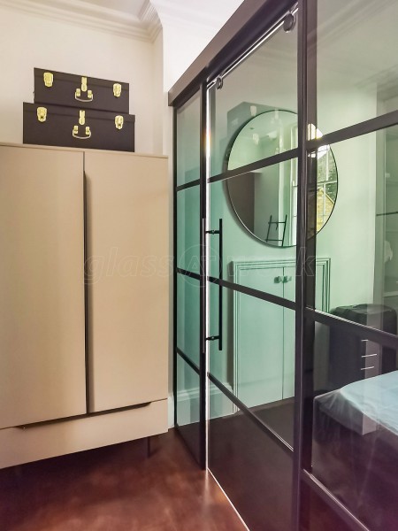 London Villa Art  (Marylebone, London): T-Bar Black Grid-Style Glass Wall and Sliding Door