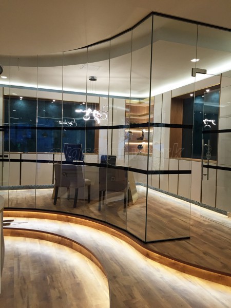 Spot This Space (Wembley, London): Curved Faceted Glass Partition With Black Track