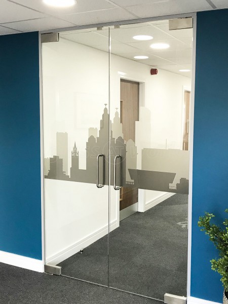 SpaceBuilder Ltd (Speke, Liverpool): Frameless Double Doors With Bespoke Window Film (Liverpool Skyline)