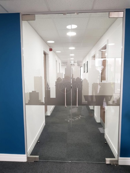 SpaceBuilder Ltd (Speke, Liverpool): Frameless Double Doors With Bespoke Window Film (Liverpool Skyline)