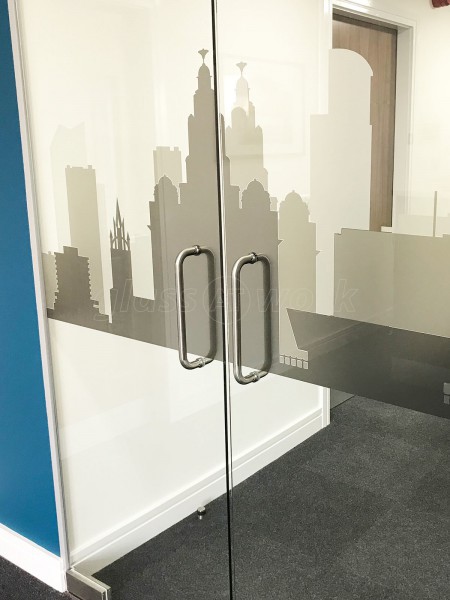 SpaceBuilder Ltd (Speke, Liverpool): Frameless Double Doors With Bespoke Window Film (Liverpool Skyline)