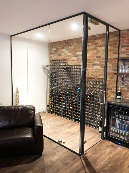 Domestic Project (St Albans, Hertfordshire): Frameless Glass Wine Display Corner Room With Black Frame