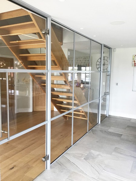 Domestic Project (Lymington, Hampshire): T-Bar Glass Partition Industrial-Style Banded Glazing in RAL 9006 Silver