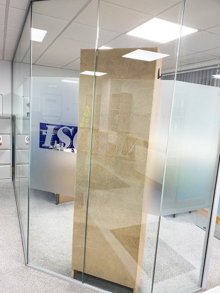 Isoma Limited (Swadlincote, Derbyshire): Laminated Acoustic Glass Corner Room With Logo