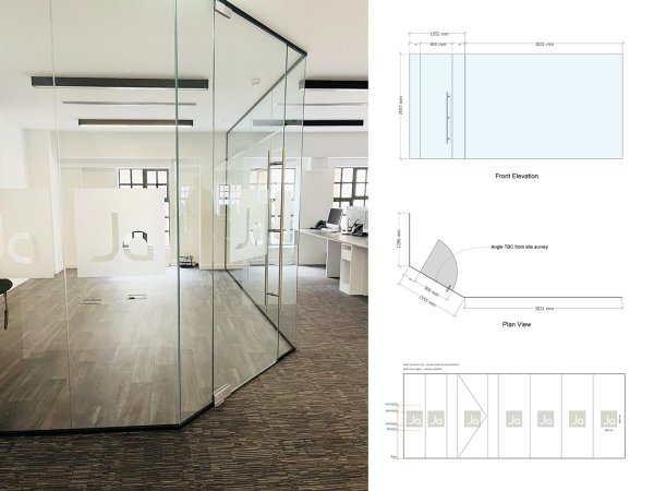 James Andrews Recruitment Solutions (The City, London): Glass Corner Room with Angled Section and Frameless Glazed Door
