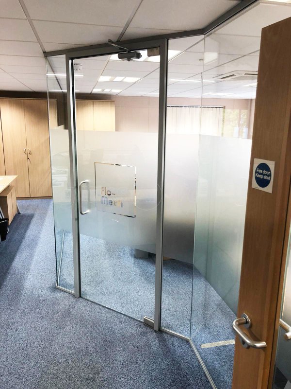 Flo-Mech Ltd (Peterborough, Cambridgeshire): Stepped Glass Office Screen With Bespoke Window Film