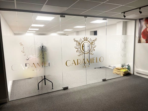 Caramelo Kids (Romford, Essex): Frameless Glass Double Doors With Bespoke Window Film