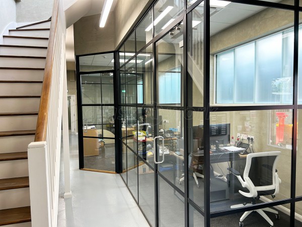 Cox Workshops (Tottenham, London): T-Bar Black Framed Office Partitions With Acoustic Glazing