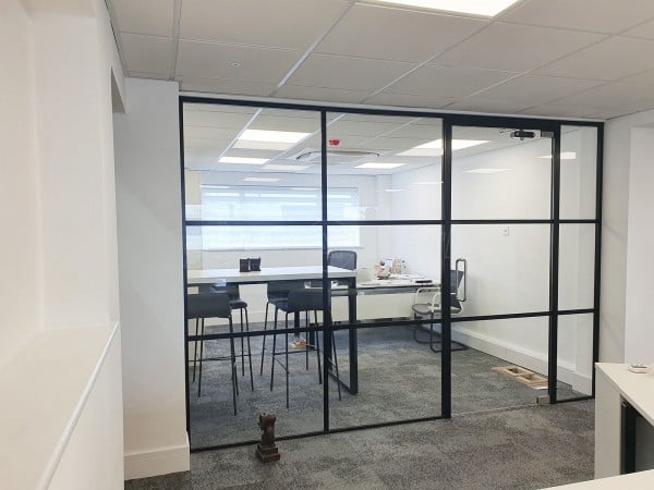 Decora Mouldings (Gloucester, Gloucestershire): Industrial Style Black Framed Glass Screen Supplied and Installed