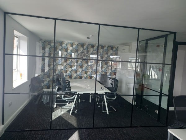 First Fence (Swadlincote, Derbyshire): T-Bar Metal and Glass Grid Glazing