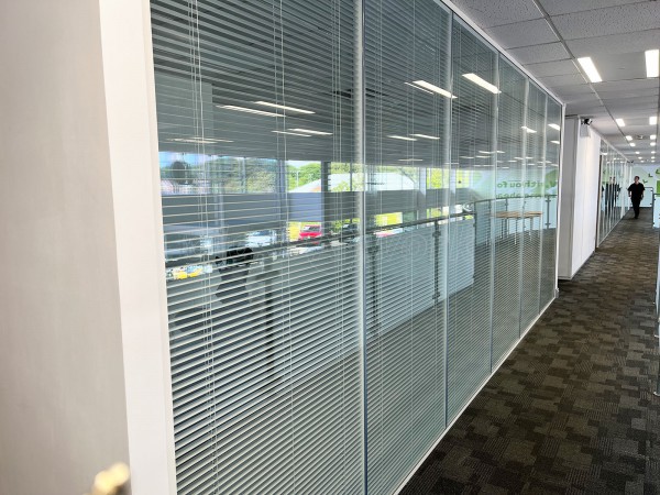 Fords Of Winsford (Winsford, Cheshire): Double Glazed Glass Office Partition With Blinds Fitted To A Mezzanine