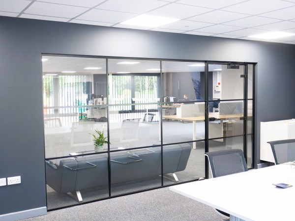 International Workplace Solutions (Swansea, Wales): T-Bar Aluminium Black Framed Glass Walls and Doors