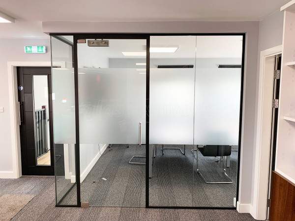 Intex Facades (Mansfield, Nottinghamshire): Laminated Acoustic Glass Corner Room With Bespoke Opal Frost Film