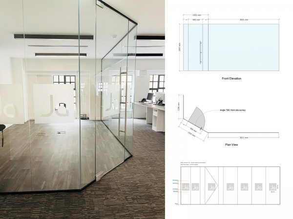 James Andrews Recruitment Solutions (The City, London): Glass Corner Room with Angled Section and Frameless Glazed Door