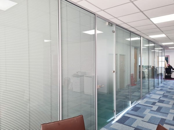 Optimum Pay (Crewe, Cheshire): Double Glazed Glass Office Partitions With Blinds