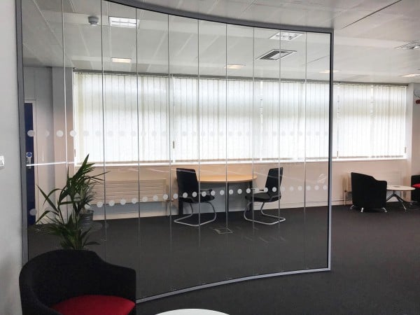 SBD Automotive (Milton Keynes, Buckinghamshire): Faceted Glass Office Partition [A Cost Effective Alternative To Curved]