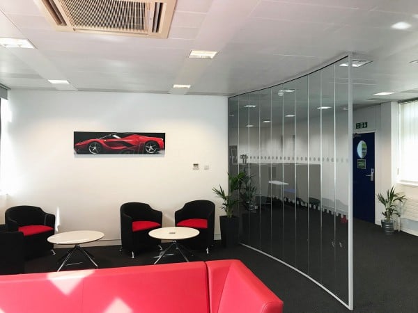 SBD Automotive (Milton Keynes, Buckinghamshire): Faceted Glass Office Partition [A Cost Effective Alternative To Curved]