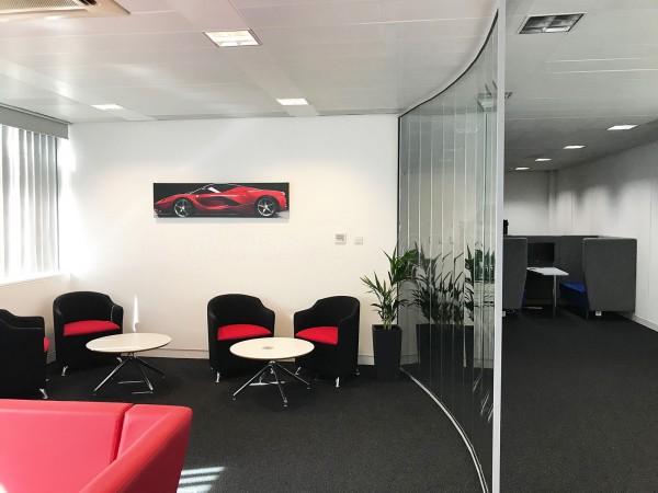 SBD Automotive (Milton Keynes, Buckinghamshire): Faceted Glass Office Partition [A Cost Effective Alternative To Curved]