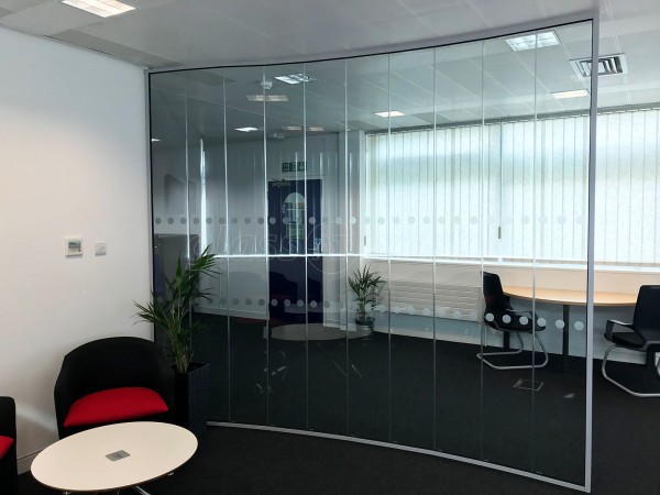 SBD Automotive (Milton Keynes, Buckinghamshire): Faceted Glass Office Partition [A Cost Effective Alternative To Curved]