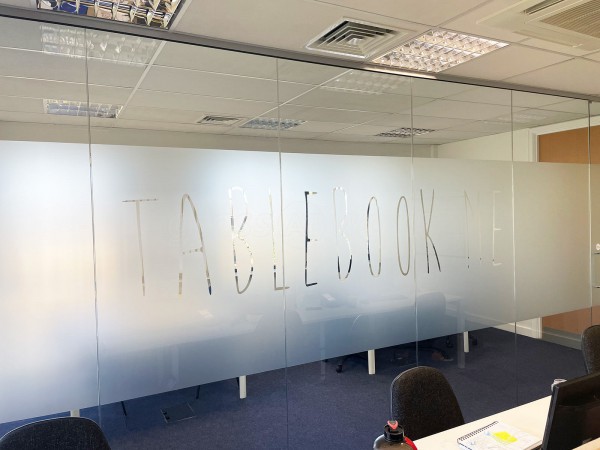 Tablebook Me Ltd (Hertford, Hertfordshire): Frameless Glass Office Screen With Bespoke Graphics