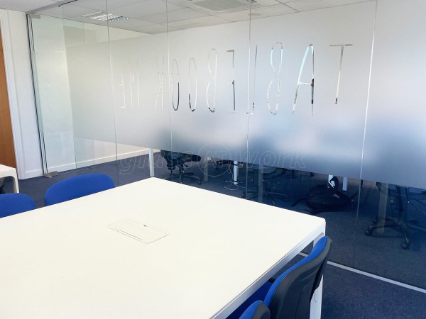 Tablebook Me Ltd (Hertford, Hertfordshire): Frameless Glass Office Screen With Bespoke Graphics