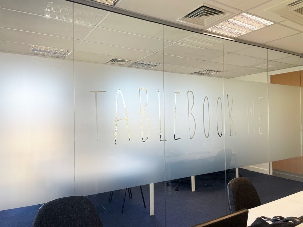 Tablebook Me Ltd (Hertford, Hertfordshire): Frameless Glass Office Screen With Bespoke Graphics