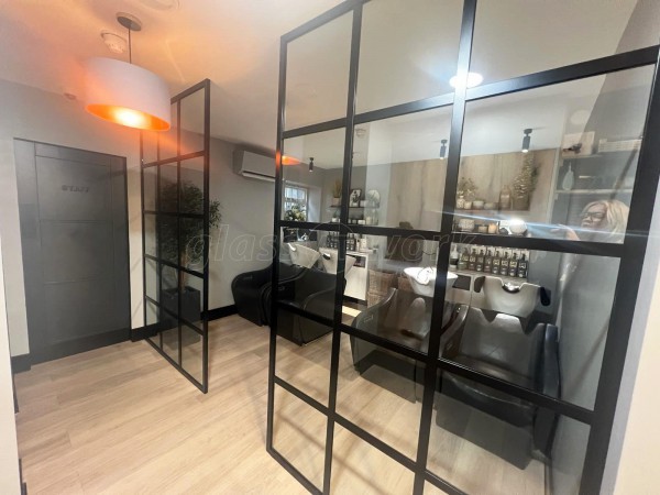 Toni & Guy Clapham Junction (Clapham, London): T-Bar Aluminium Black Framed Glass Screens For a Hairdressing Salon