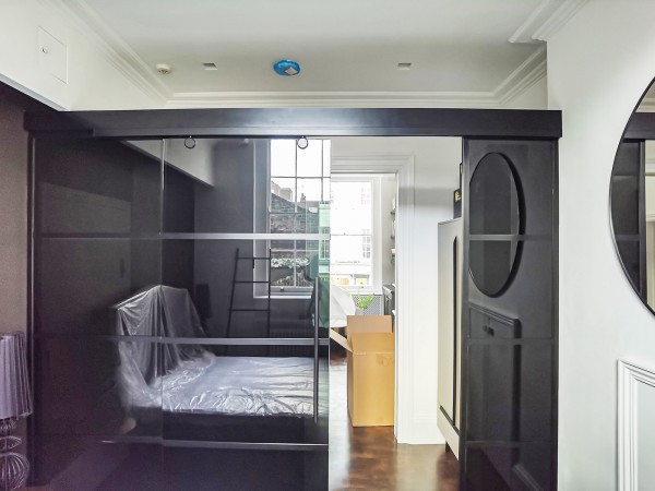 London Villa Art  (Marylebone, London): T-Bar Black Grid-Style Glass Wall and Sliding Door