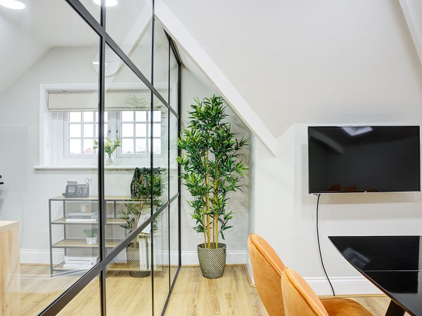 Aben Living (Derby, Derbyshire): Steel Framed Style Stepped Glass Wall Using Black Aluminium